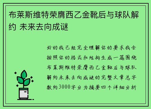 布莱斯维特荣膺西乙金靴后与球队解约 未来去向成谜